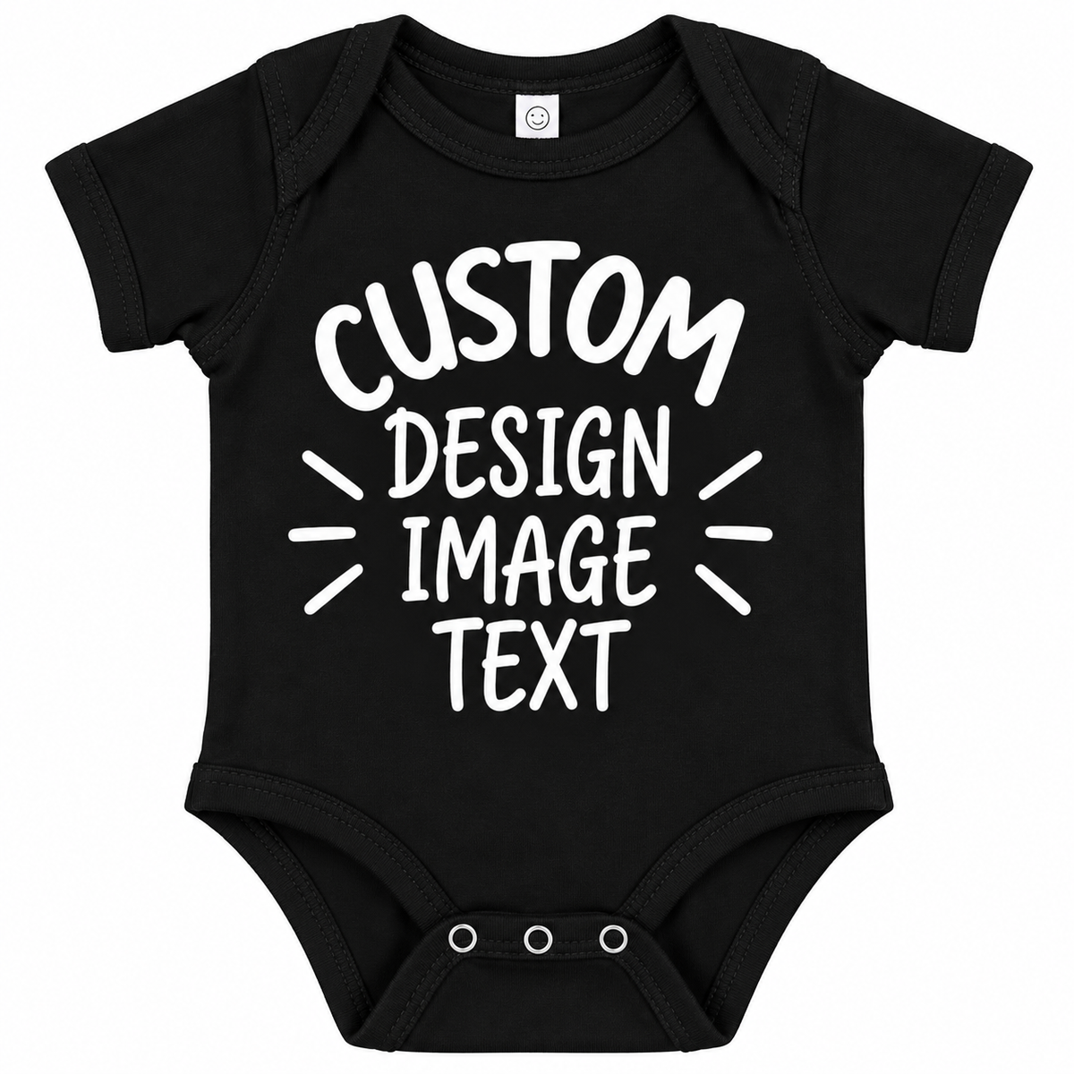 A black short-sleeve baby bodysuit with white customizable placeholder text reading 'CUSTOM DESIGN IMAGE TEXT' printed on the front, shown on a plain white background.

