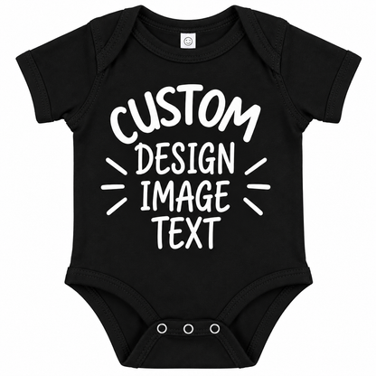 A black short-sleeve baby bodysuit with white customizable placeholder text reading 'CUSTOM DESIGN IMAGE TEXT' printed on the front, shown on a plain white background.

