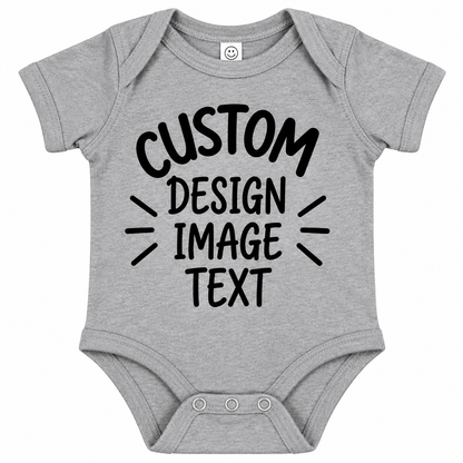 A light heather gray baby bodysuit with short sleeves and three snap closures at the crotch. The front features a black graphic text reading 'CUSTOM DESIGN IMAGE TEXT' with decorative line accents.


