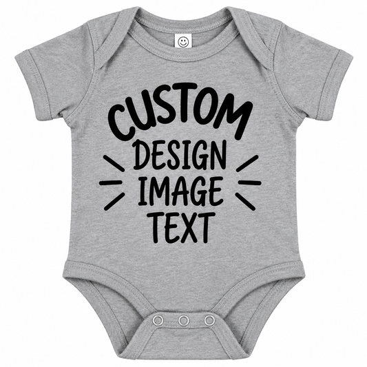 A light heather gray baby bodysuit with short sleeves and three snap closures at the crotch. The front features a black graphic text reading 'CUSTOM DESIGN IMAGE TEXT' with decorative line accents.

