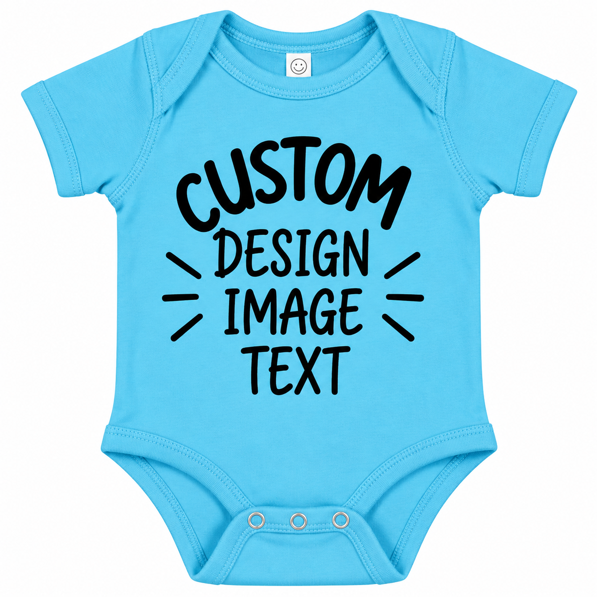A light blue short-sleeve baby bodysuit with black placeholder text reading 'CUSTOM DESIGN IMAGE TEXT' printed on the front, shown on a plain white background.

