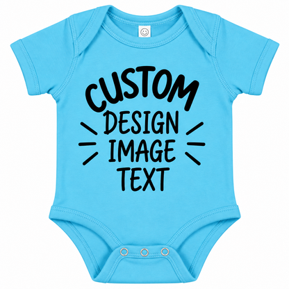 A light blue short-sleeve baby bodysuit with black placeholder text reading 'CUSTOM DESIGN IMAGE TEXT' printed on the front, shown on a plain white background.

