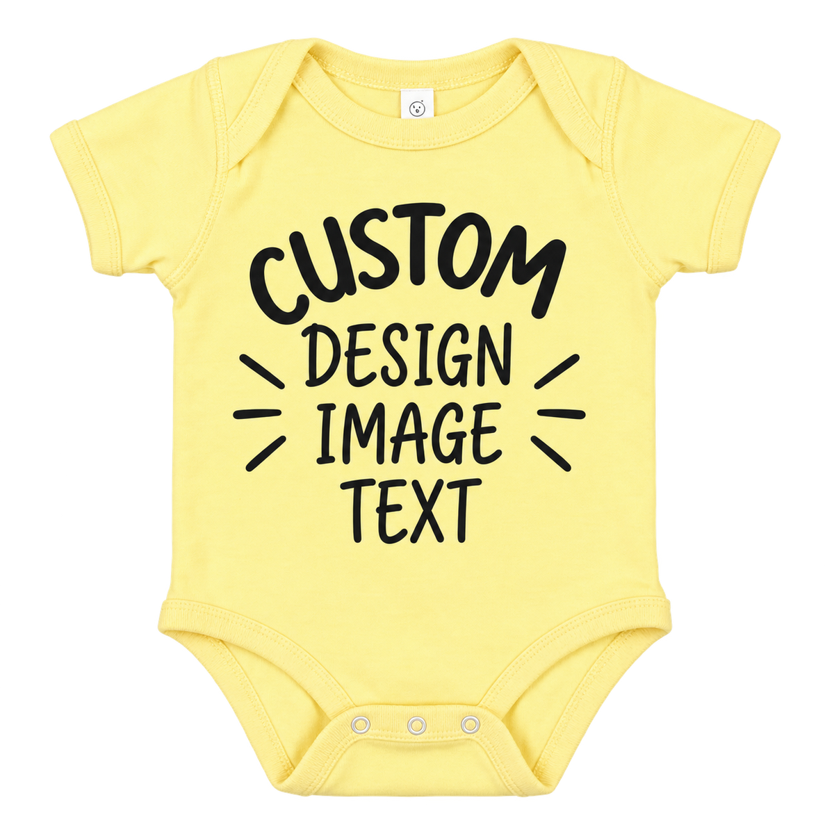 A pale yellow short-sleeve baby bodysuit with black text reading 'CUSTOM DESIGN IMAGE TEXT' printed on the front, shown on a plain white background.

