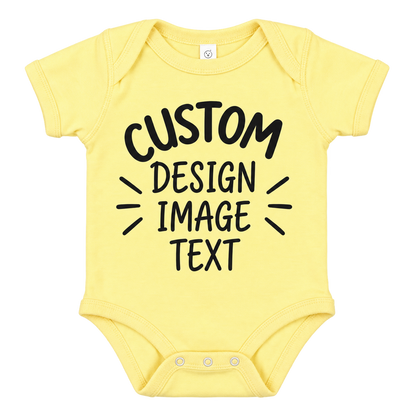 A pale yellow short-sleeve baby bodysuit with black text reading 'CUSTOM DESIGN IMAGE TEXT' printed on the front, shown on a plain white background.


