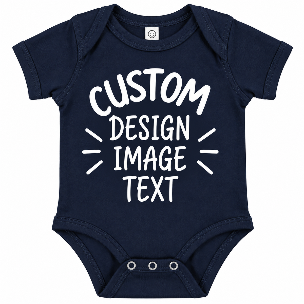 A navy blue short-sleeve baby bodysuit with white customizable placeholder text reading 'CUSTOM DESIGN IMAGE TEXT' printed on the front, shown on a plain white background.

