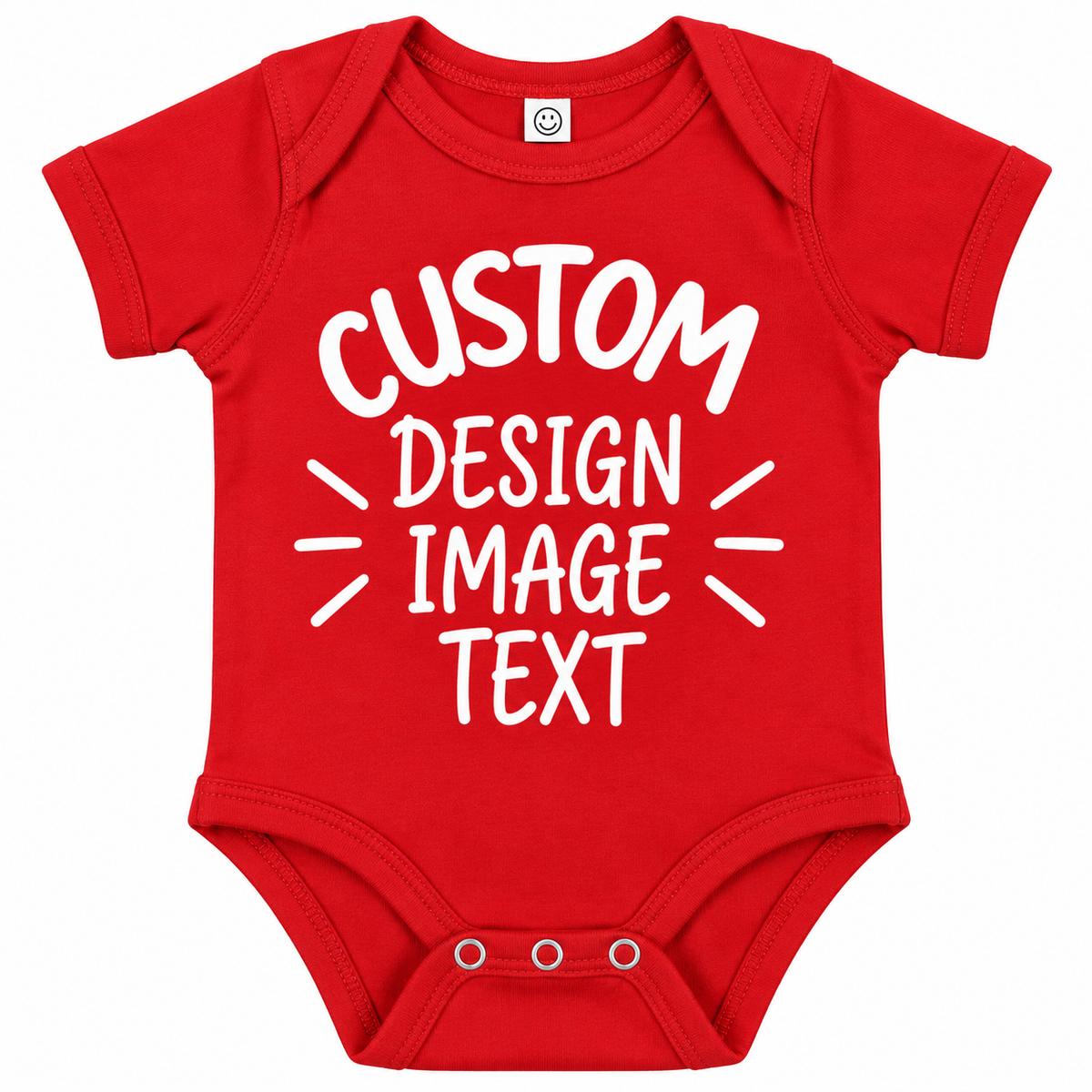 A red short-sleeve baby bodysuit with white customizable text reading 'CUSTOM DESIGN IMAGE TEXT' on the front, shown on a plain white background.

