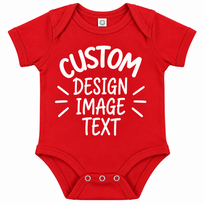 A red short-sleeve baby bodysuit with white customizable text reading 'CUSTOM DESIGN IMAGE TEXT' on the front, shown on a plain white background.

