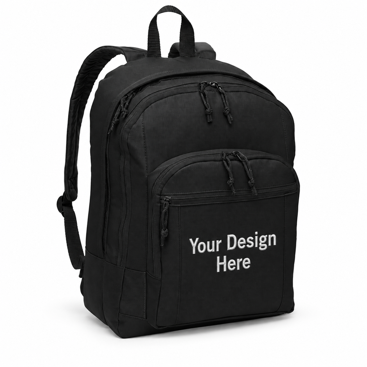 Custom basic backpack in Black with Your Design Here centered on the front pocket