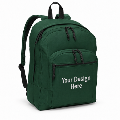 Custom basic backpack in Forest Green with Your Design Here centered on the front pocket