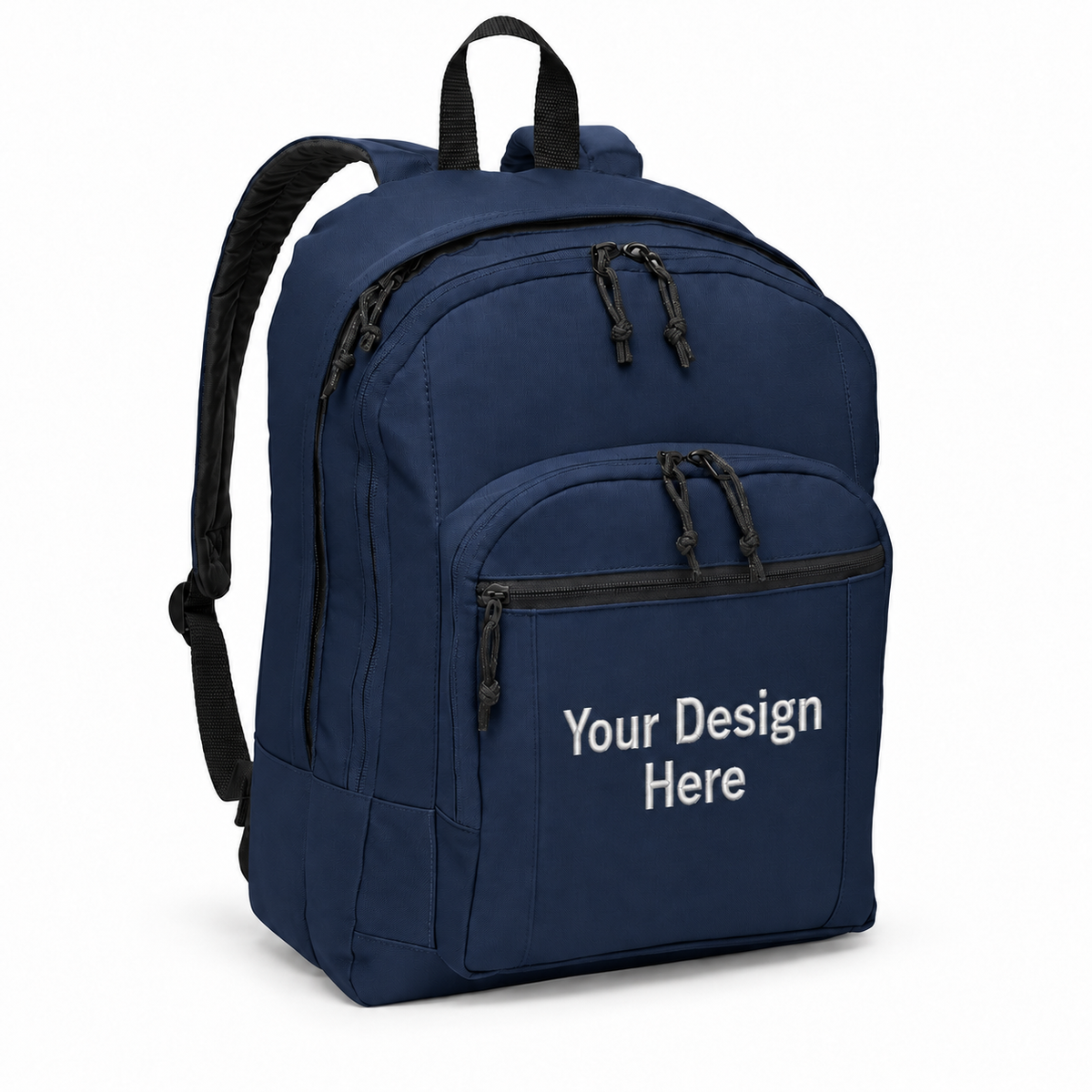 Custom basic backpack in Navy with Your Design Here centered on the front pocket
