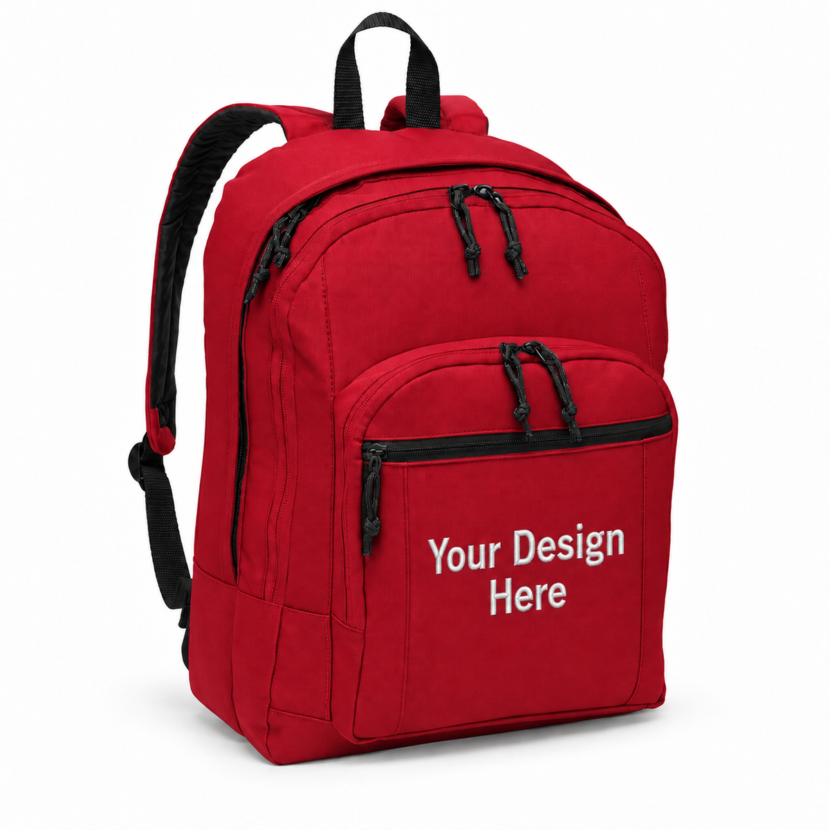 Custom basic backpack in Red with Your Design Here centered on the front pocket