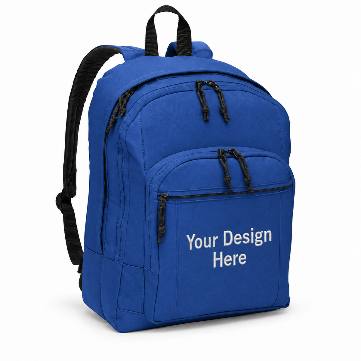Custom basic backpack in Twilight Blue with Your Design Here centered on the front pocket
