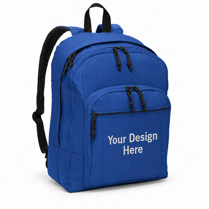 Custom basic backpack in Twilight Blue with Your Design Here centered on the front pocket