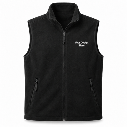 Black custom fleece vest with white front left-chest embroidery
