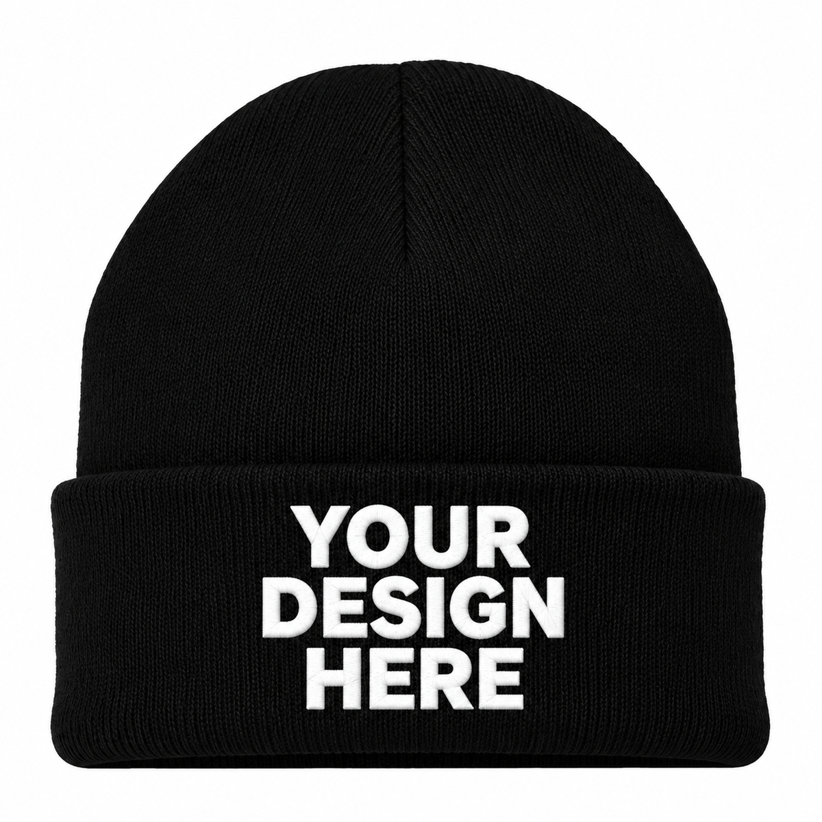 Black custom cuffed knit beanie with logo on front
