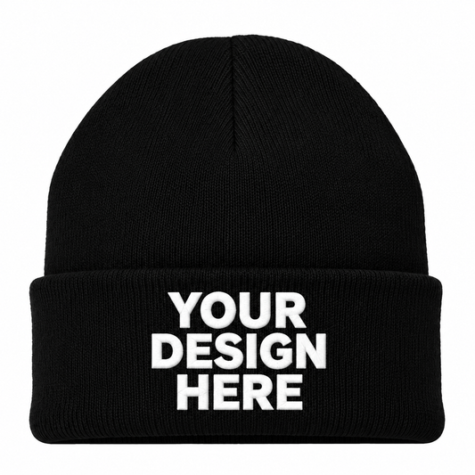 Black custom cuffed knit beanie with logo on front