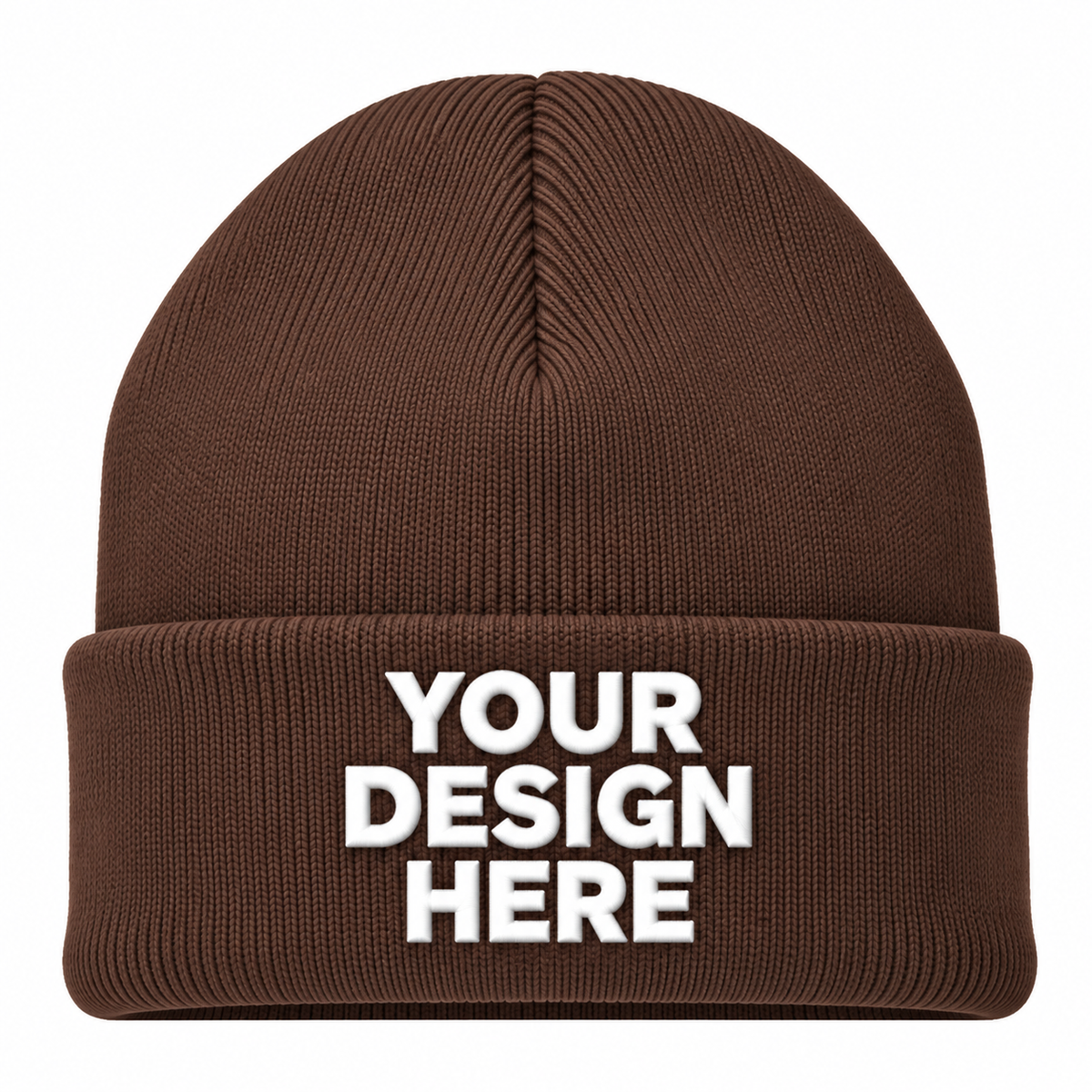 Brown custom cuffed knit beanie with logo on front