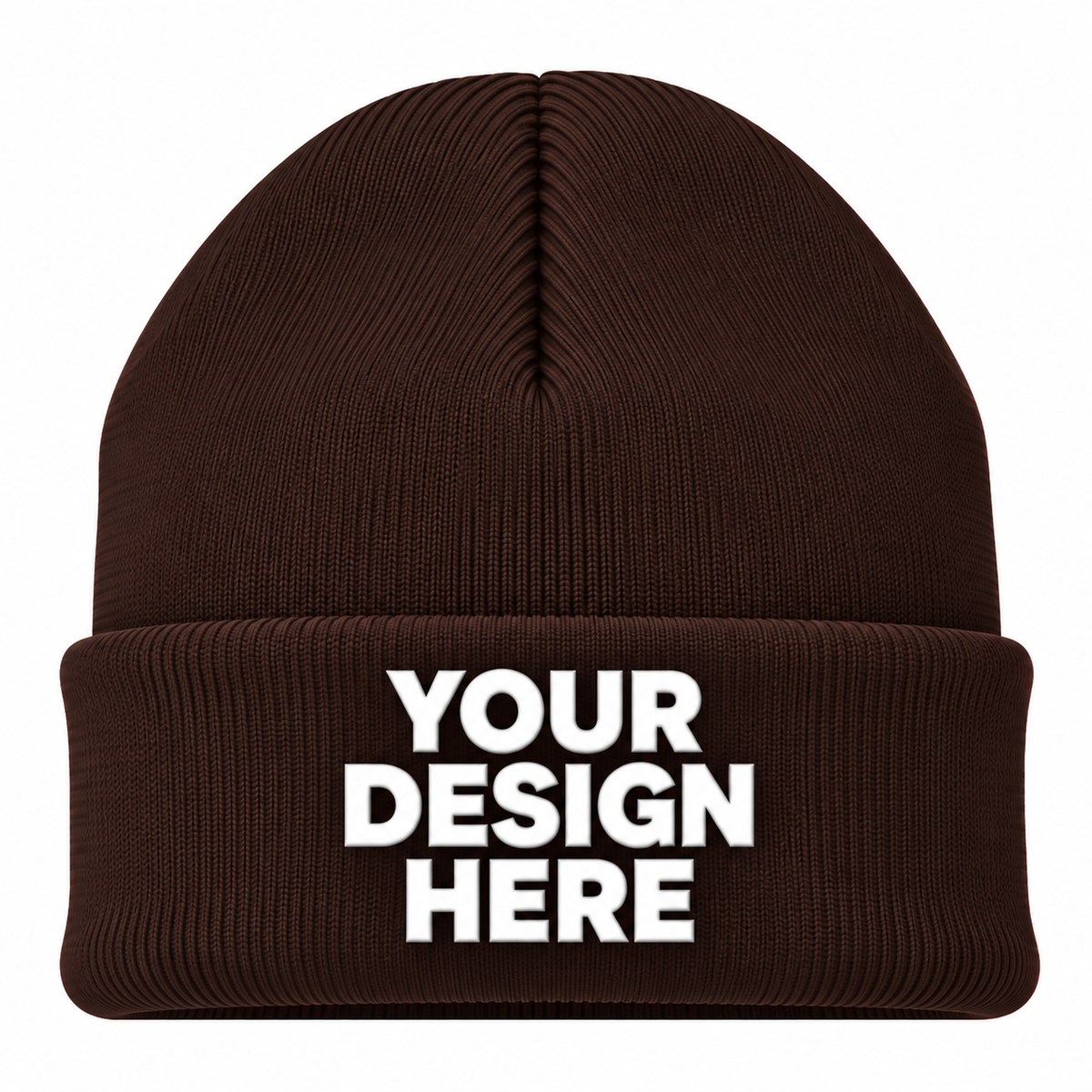 Dark brown custom cuffed knit beanie with logo on front