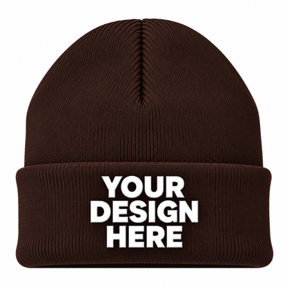 Dark brown custom cuffed knit beanie with logo on front