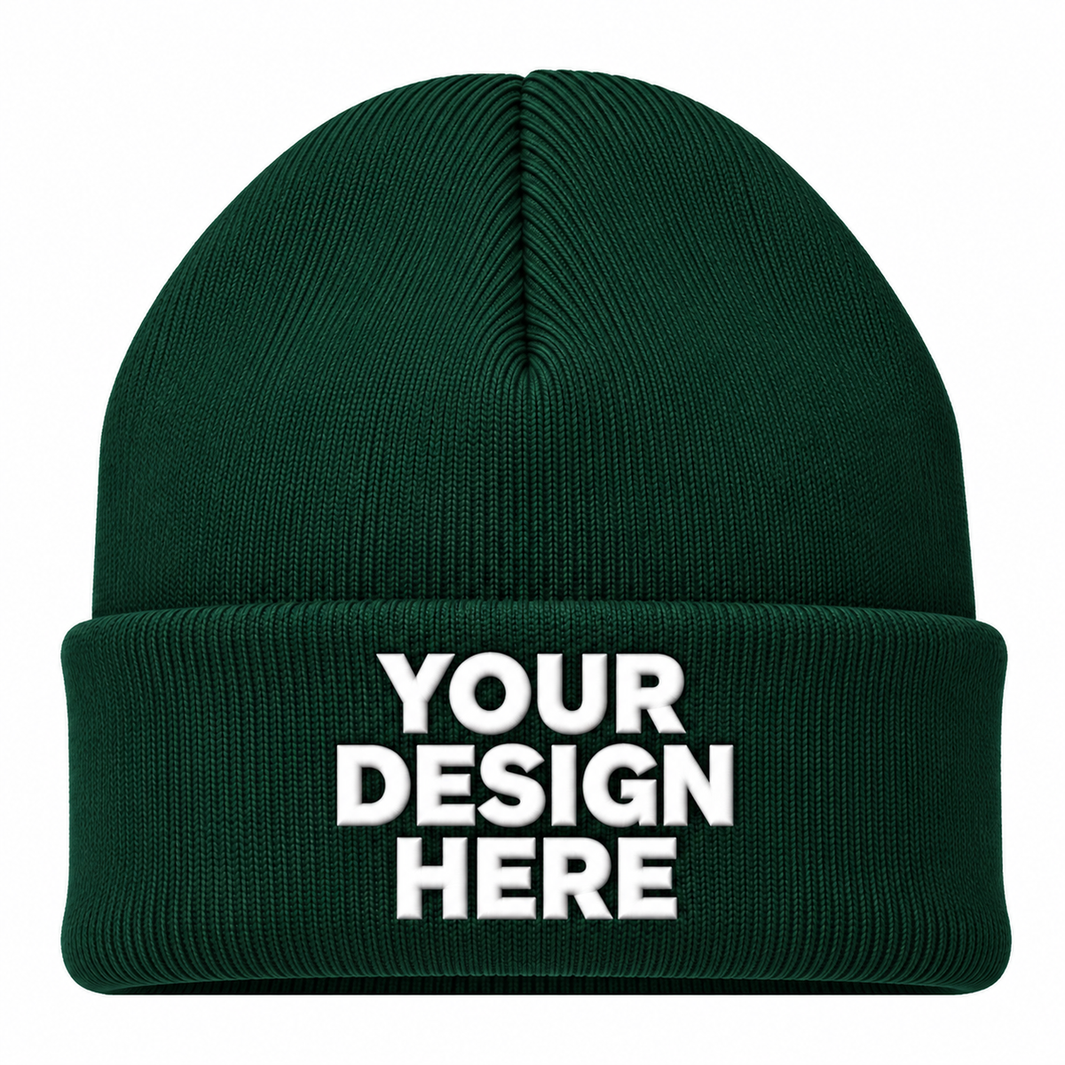 Forest green custom cuffed knit beanie with logo on front