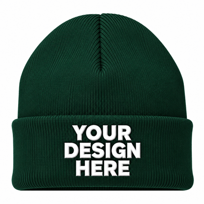 Forest green custom cuffed knit beanie with logo on front