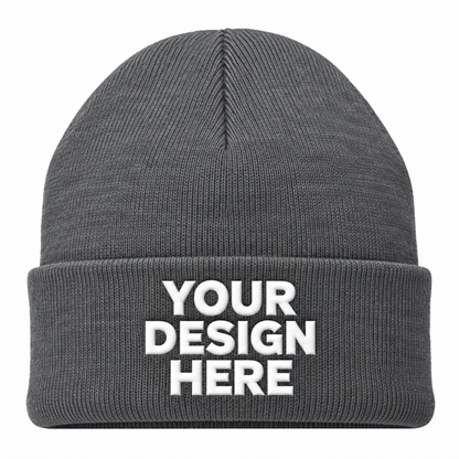 Gray custom cuffed knit beanie with logo on front