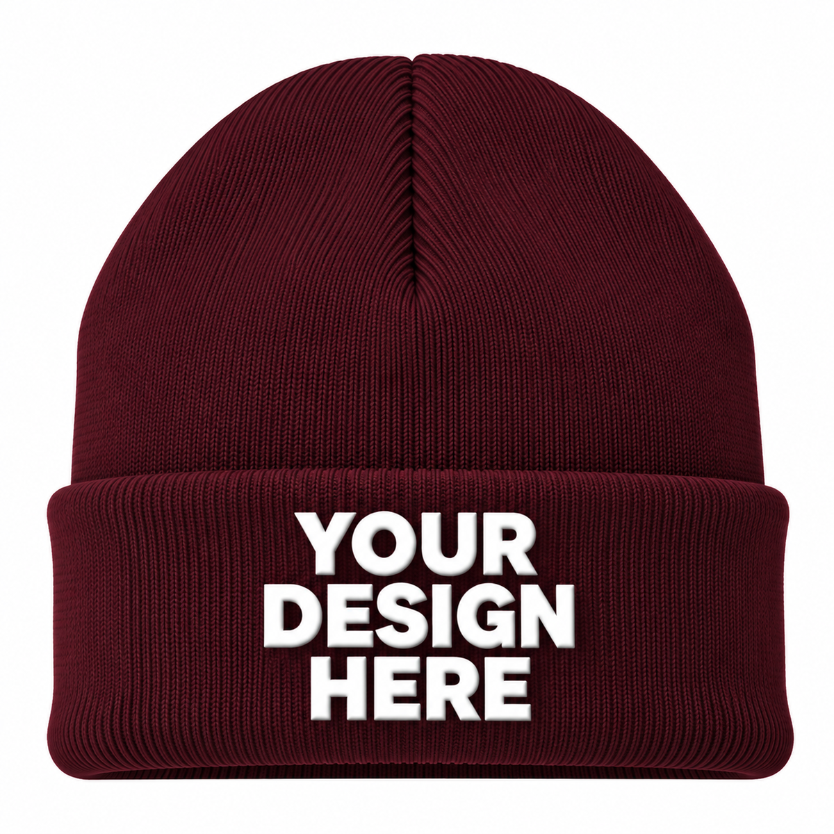 Maroon custom cuffed knit beanie with logo on front
