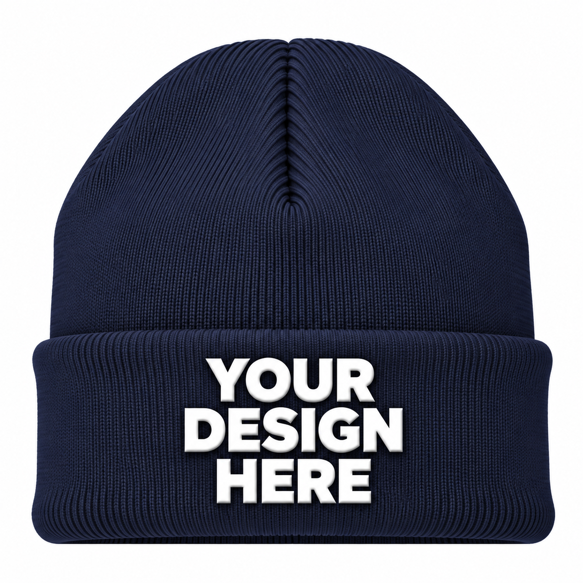 Navy custom cuffed knit beanie with logo on front