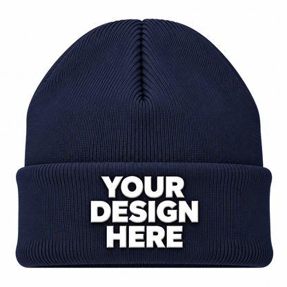 Navy custom cuffed knit beanie with logo on front