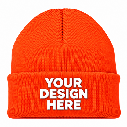 Orange custom cuffed knit beanie with logo on front