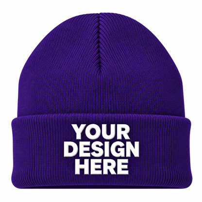 Purple custom cuffed knit beanie with logo on front