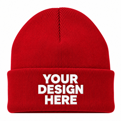 Red custom cuffed knit beanie with logo on front
