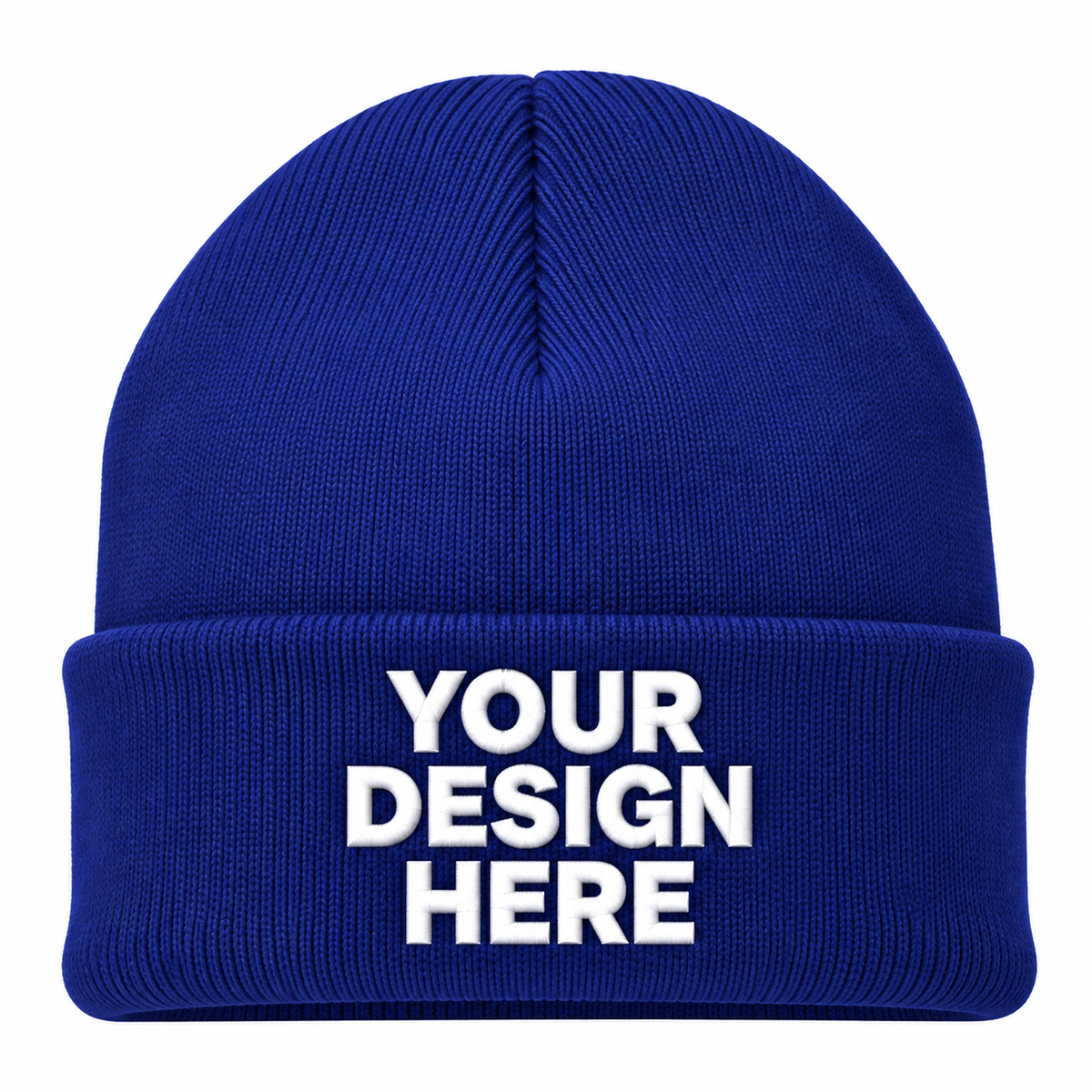 Royal blue custom cuffed knit beanie with logo on front