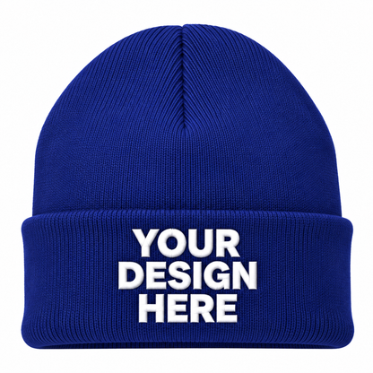 Royal blue custom cuffed knit beanie with logo on front