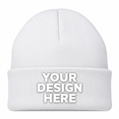 White custom cuffed knit beanie with logo on front