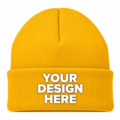 Yellow custom cuffed knit beanie with logo on front