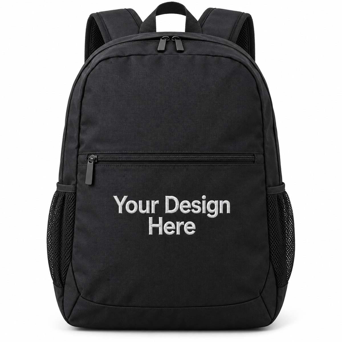 Custom daily commute backpack in Black with Your Design Here centered below the front zipper
