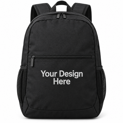 Custom daily commute backpack in Black with Your Design Here centered below the front zipper