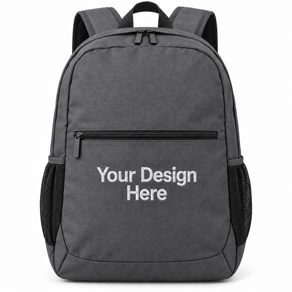 Custom Daily Commute Backpack in Grey Smoke with Your Design Here centered below the zipper