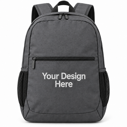 Custom Daily Commute Backpack in Grey Smoke with Your Design Here centered below the zipper