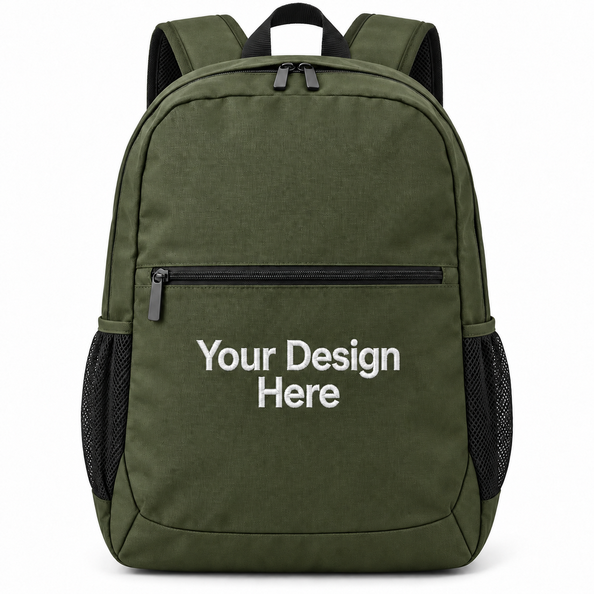 Custom Daily Commute Backpack in Olive Green with Your Design Here centered below the zipper