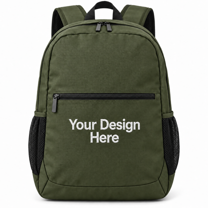 Custom Daily Commute Backpack in Olive Green with Your Design Here centered below the zipper