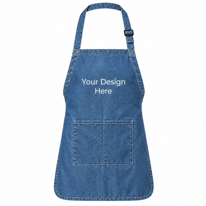 Blue denim custom pocket bib apron with logo on front