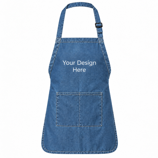 Blue denim custom pocket bib apron with logo on front