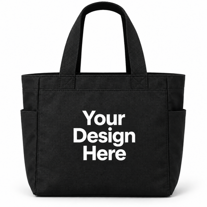 Custom essential tote bag in Black with Your Design Here centered on the front