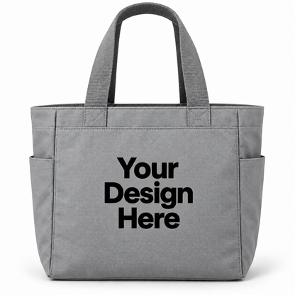 Custom essential tote bag in Chrome with Your Design Here centered on the front