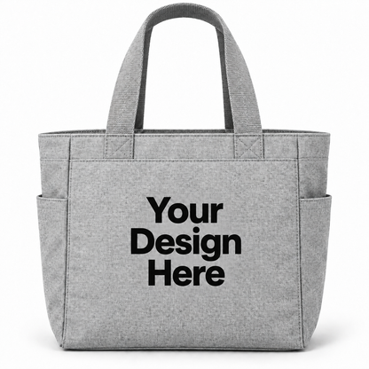 Custom essential tote bag in Heather Grey with Your Design Here centered on the front