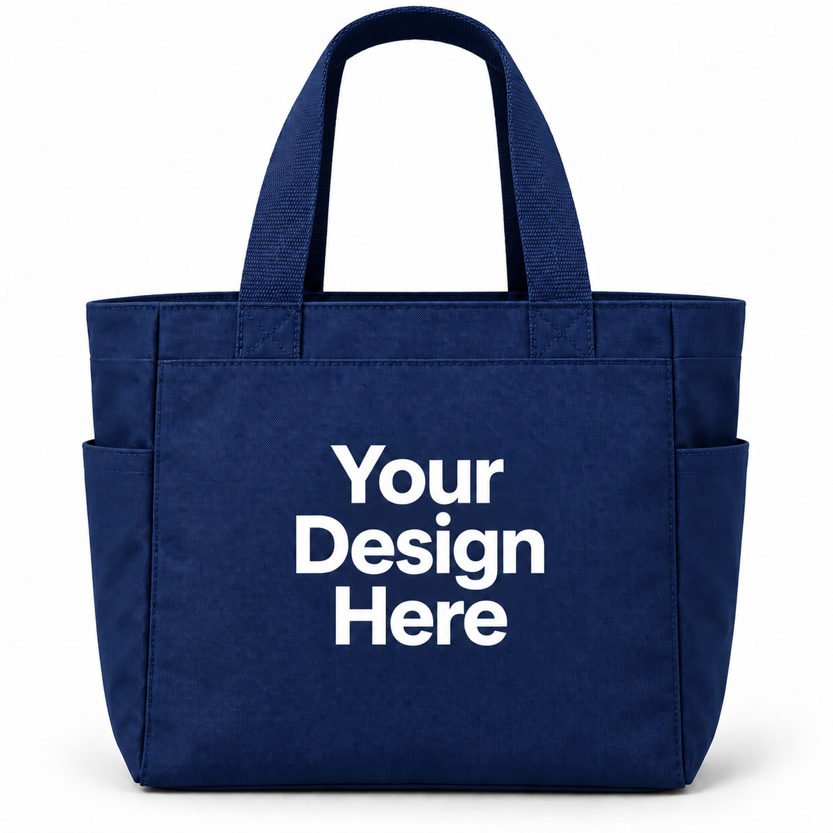 Custom essential tote bag in Navy with Your Design Here centered on the front