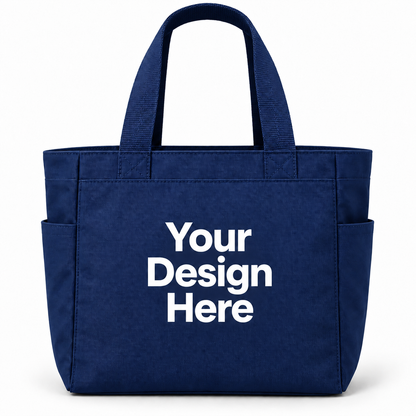 Custom essential tote bag in Navy with Your Design Here centered on the front