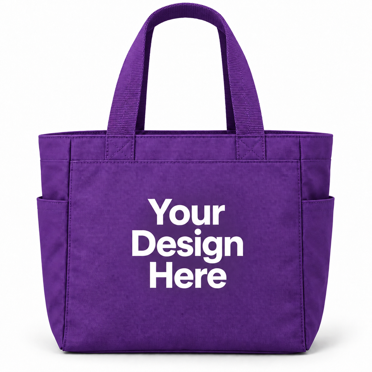 Custom essential tote bag in Purple with Your Design Here centered on the front